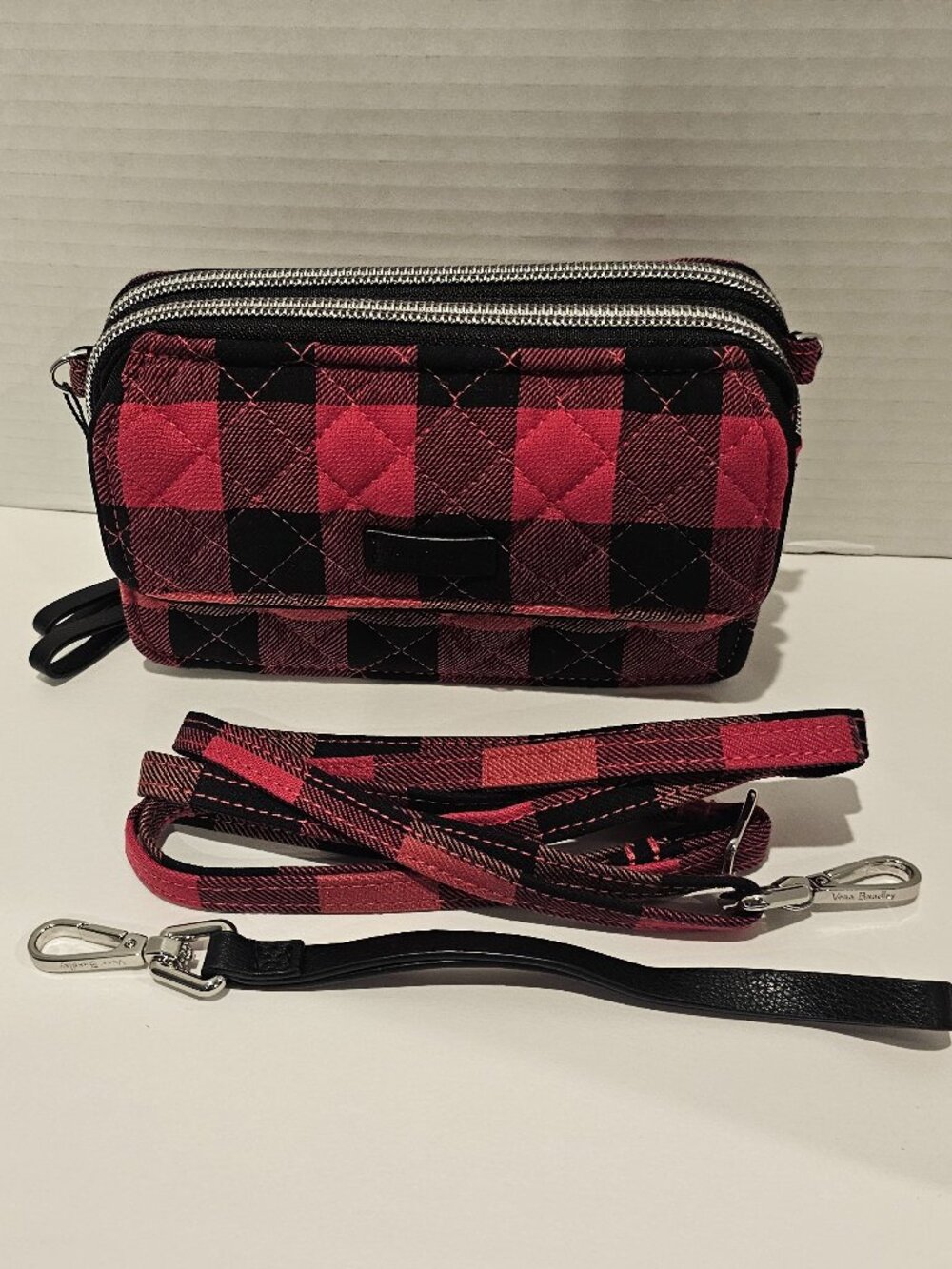Vera Bradley RFID All in One Crossbody Garnet Buffalo Check Red Wristlet Wallet